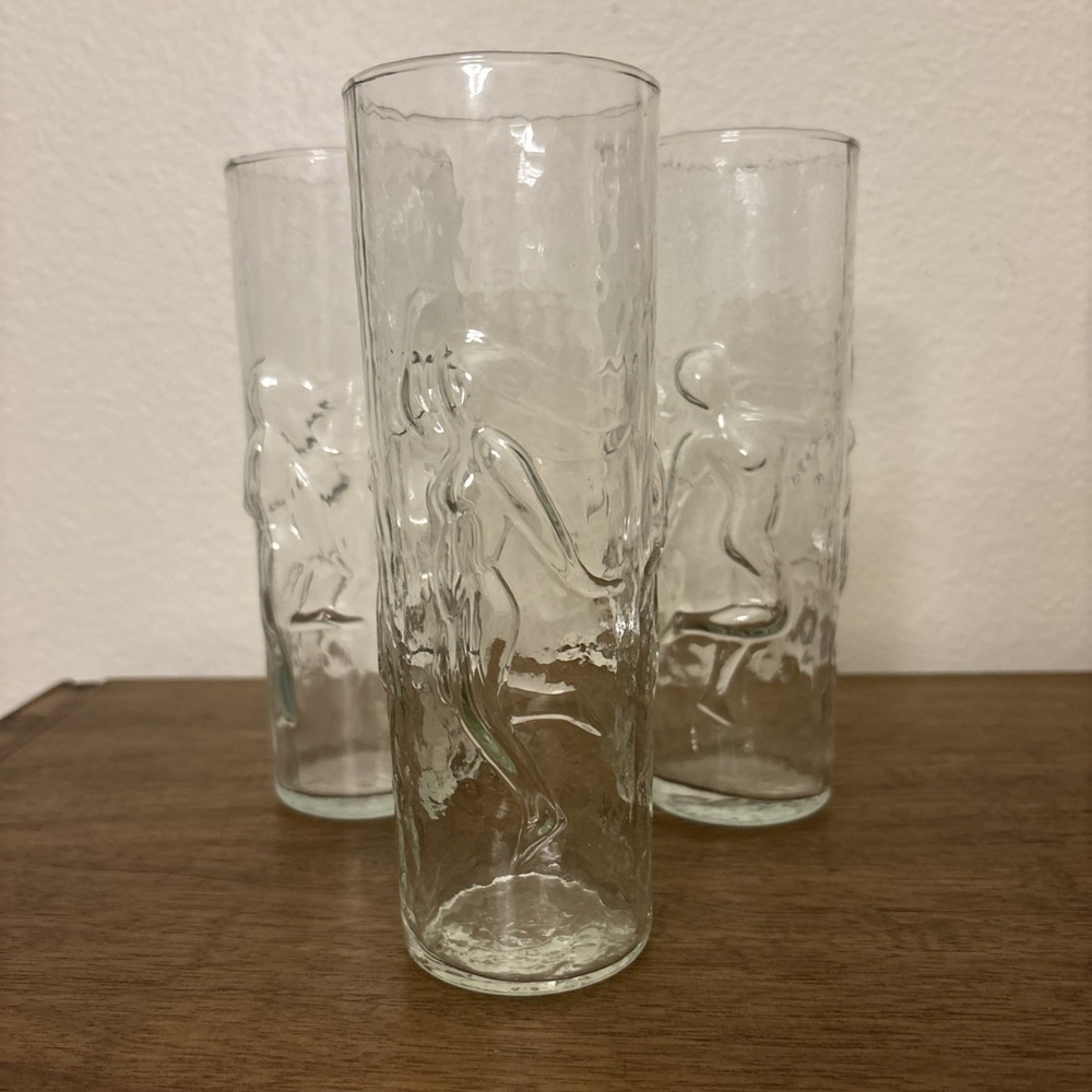 Vtg Libbey La Femme 3D Nude Dancing Women 9" Cocktail Glass 1960s Set Of 3